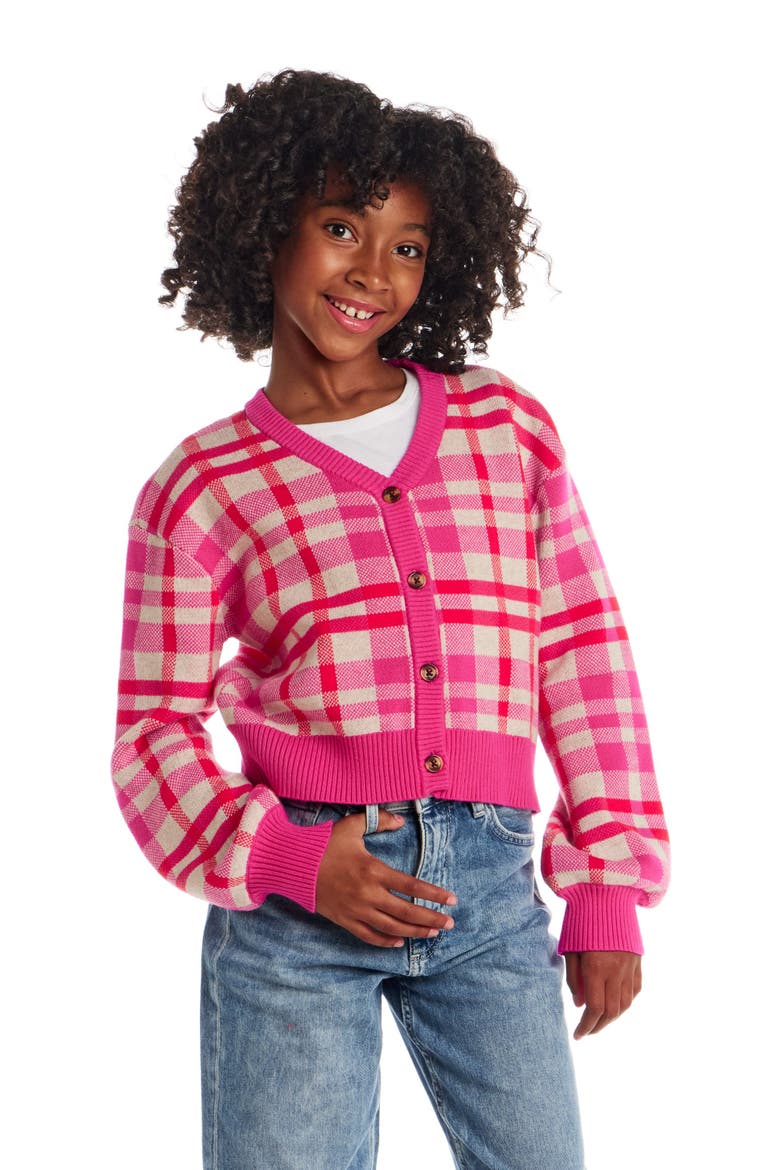 Kids' Plaid Cotton Cardigan, Alternate, color, PINK PLAID