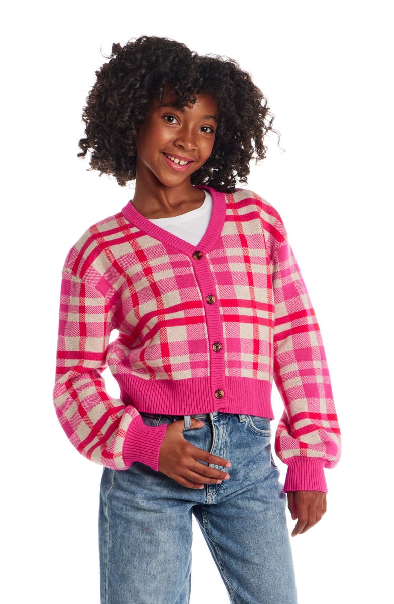 Andy & Evan Kids' Plaid Cotton Cardigan, Alternate, color, Pink Plaid