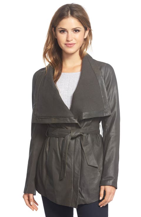 'Isabelle' Asymmetrical Knit Trim Leather Wrap Jacket