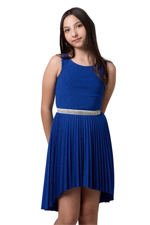 Glitter Pleated High Low Dress with Belt (Big Kid)