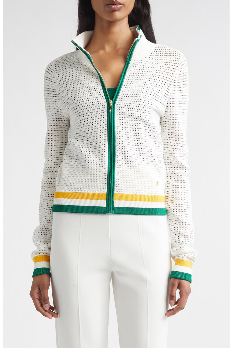 Geometric Point Open Knit Zip-Up Jacket, Main, color, BRIGHT WHITE MULTI