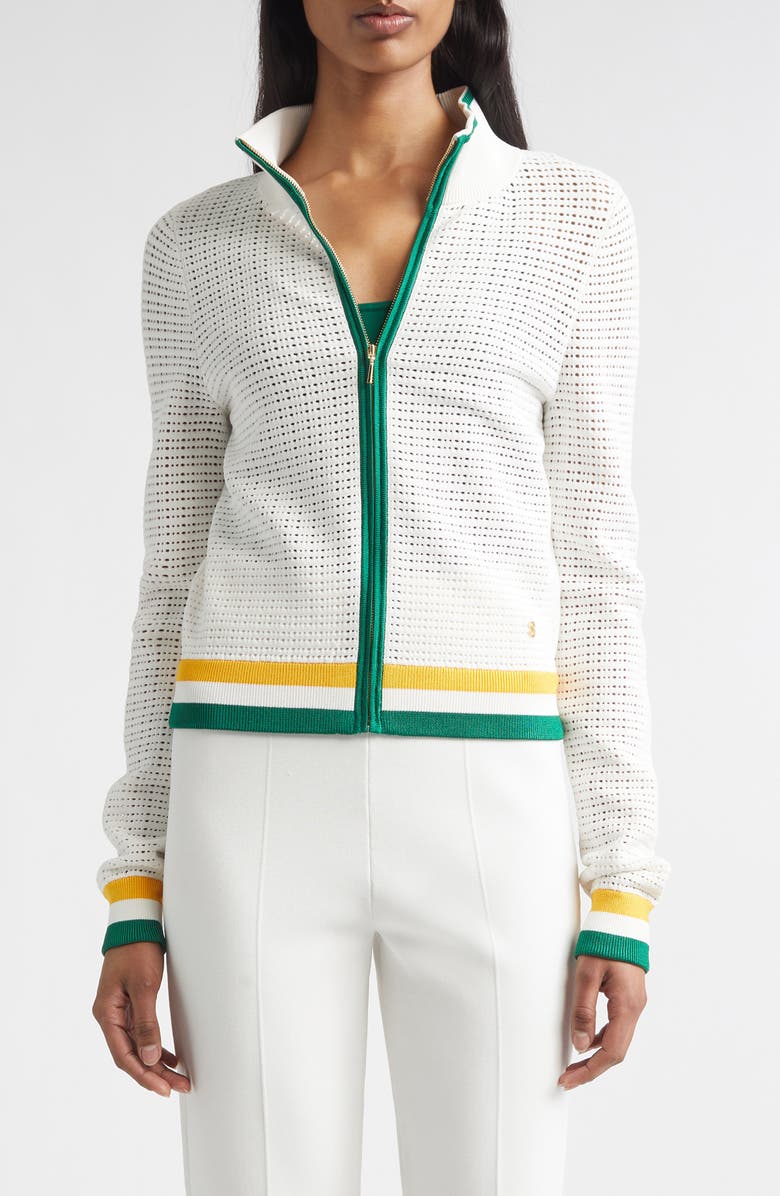 ST. JOHN Geometric Point Open Knit Zip-Up Jacket, Main, color, Bright White Multi