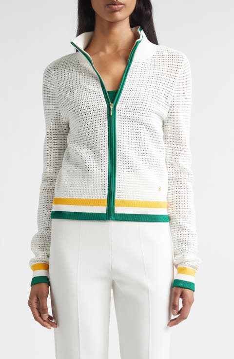 Geometric Point Open Knit Zip-Up Jacket