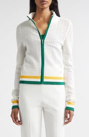 ST. JOHN Geometric Point Open Knit Zip-Up Jacket