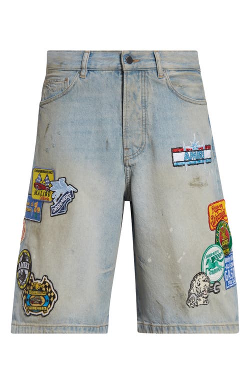 Amiri Station Patch Denim Shorts In Gray
