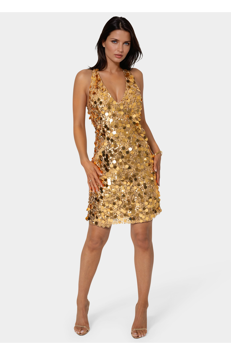 bebe Medallion Halter Mini Dress, Main, color, Gold
