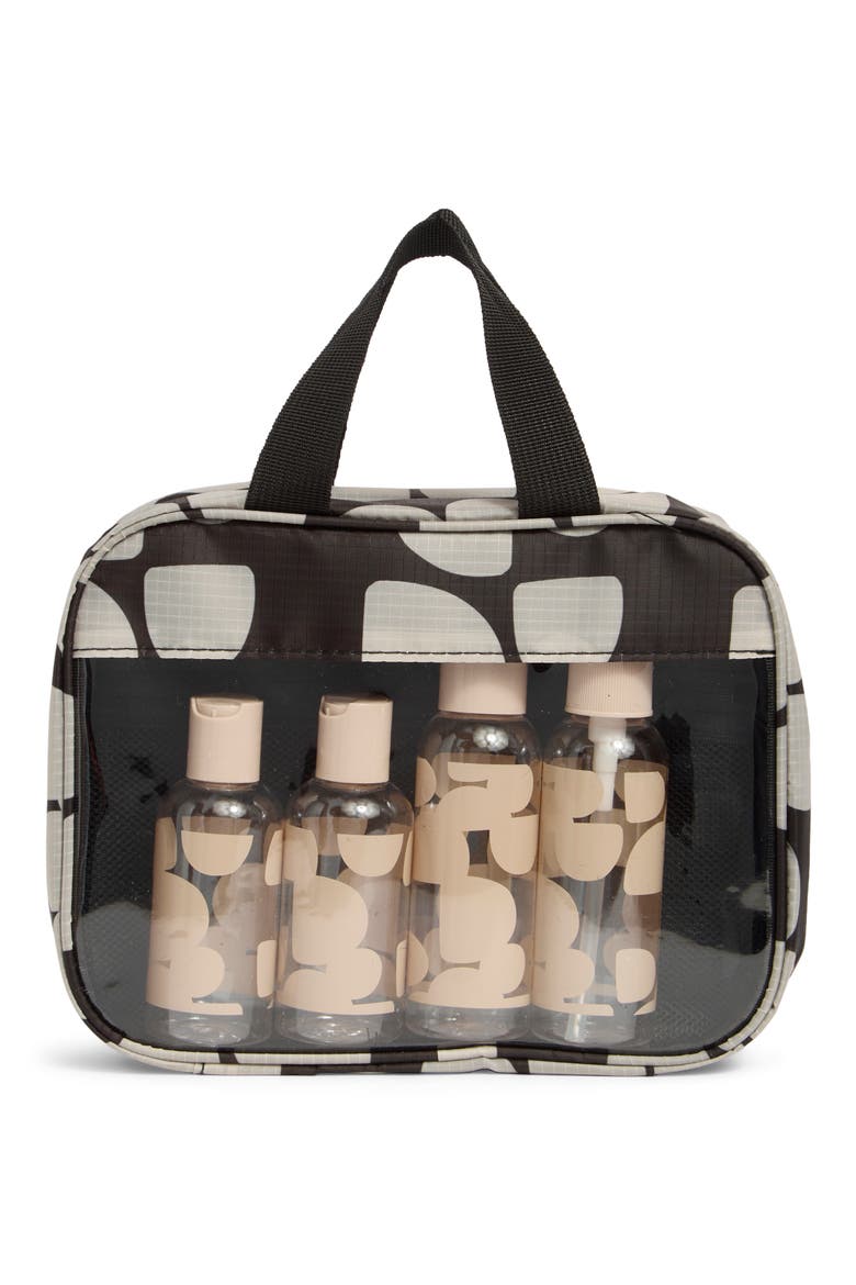 Clear Toiletry Bag with 6 Bottles, Main, color, BLACK/ WHITE