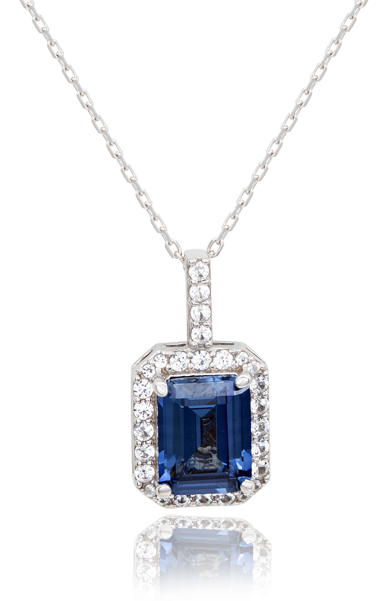 SUZY LEVIAN Sterling Silver Emerald Cut Blue Topaz Halo Pendant Necklace