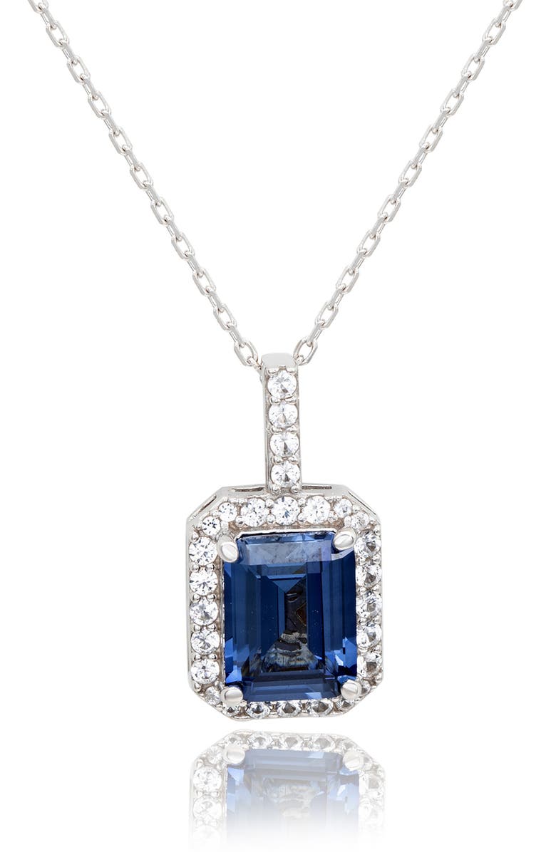 SUZY LEVIAN Sterling Silver Emerald Cut Blue Topaz Halo Pendant Necklace, Main, color, Blue