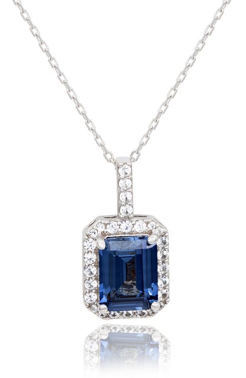 Sterling Silver Emerald Cut Blue Topaz Halo Pendant Necklace