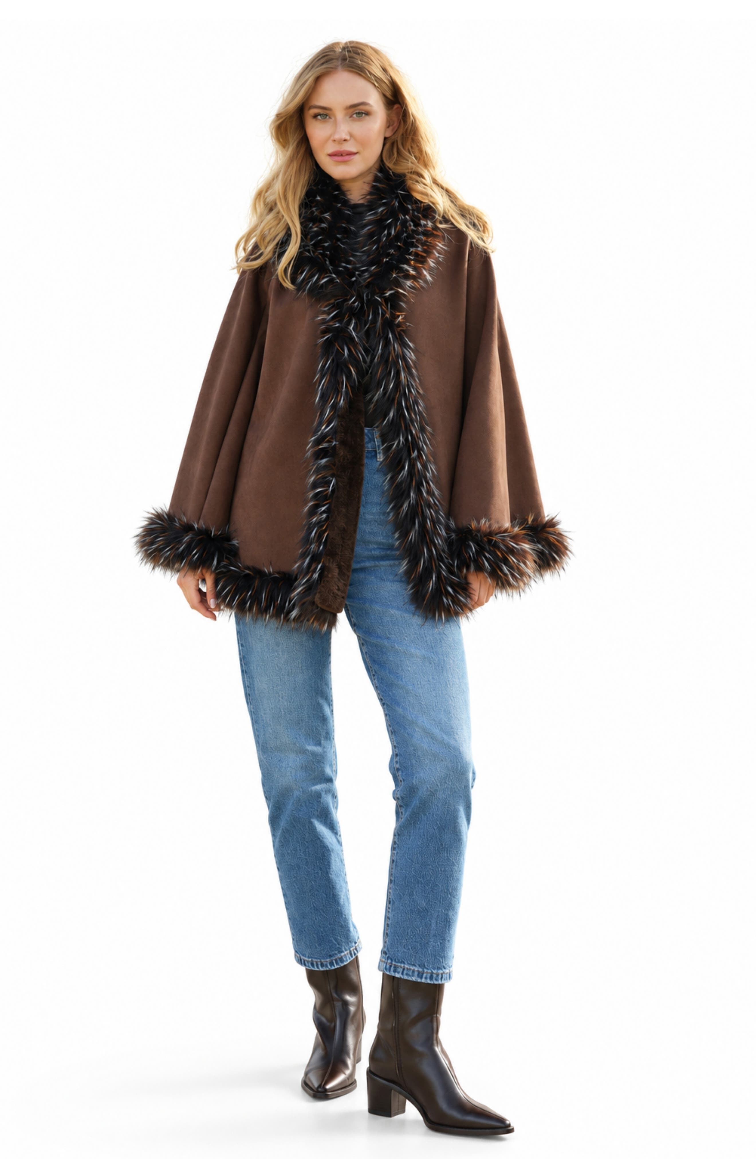 SAACHI Faux Fur Trim Faux Suede Cape (Women) | Nordstromrack