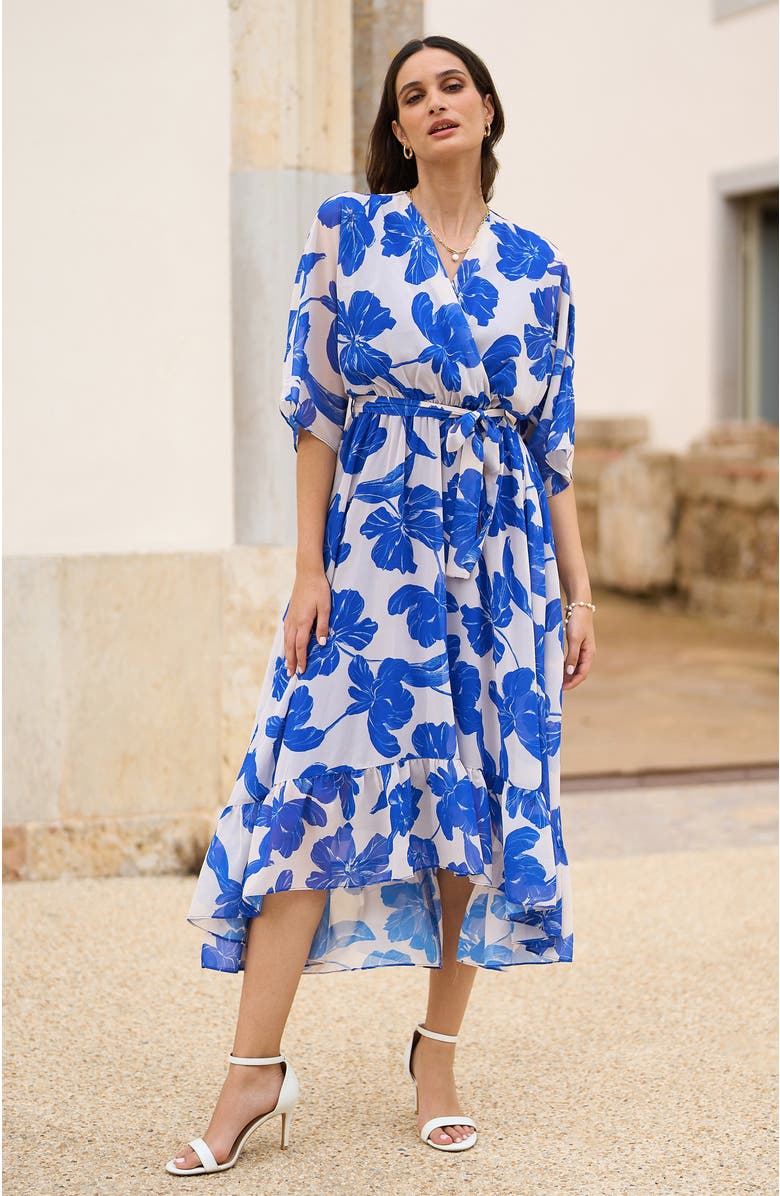 Yumi Kimono Sleeves Midi Dip Hem Wrap Dress, Alternate, color, Blue