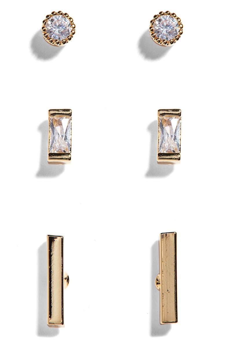 Set of 3 Geometric Stud Earrings, Main, color, GOLD