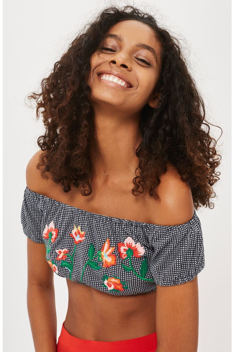 Embroidered Gingham Crop Top, Alternate, color, BLACK MULTI