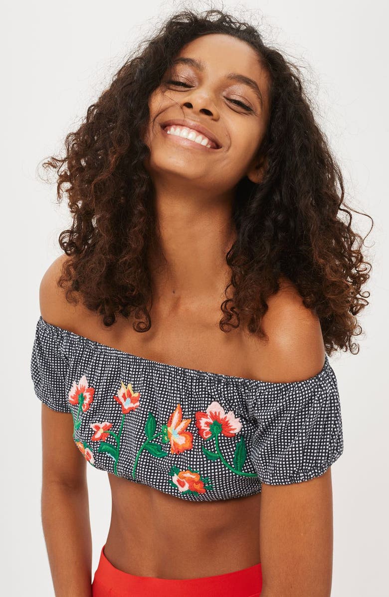 Topshop Embroidered Gingham Crop Top, Alternate, color,