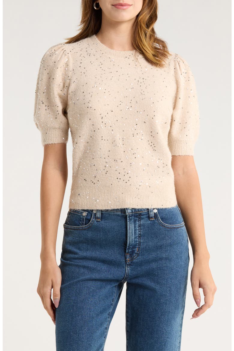 Gladiolus Sequin Embellished Crewneck Sweater, Main, color, SOFT PINK