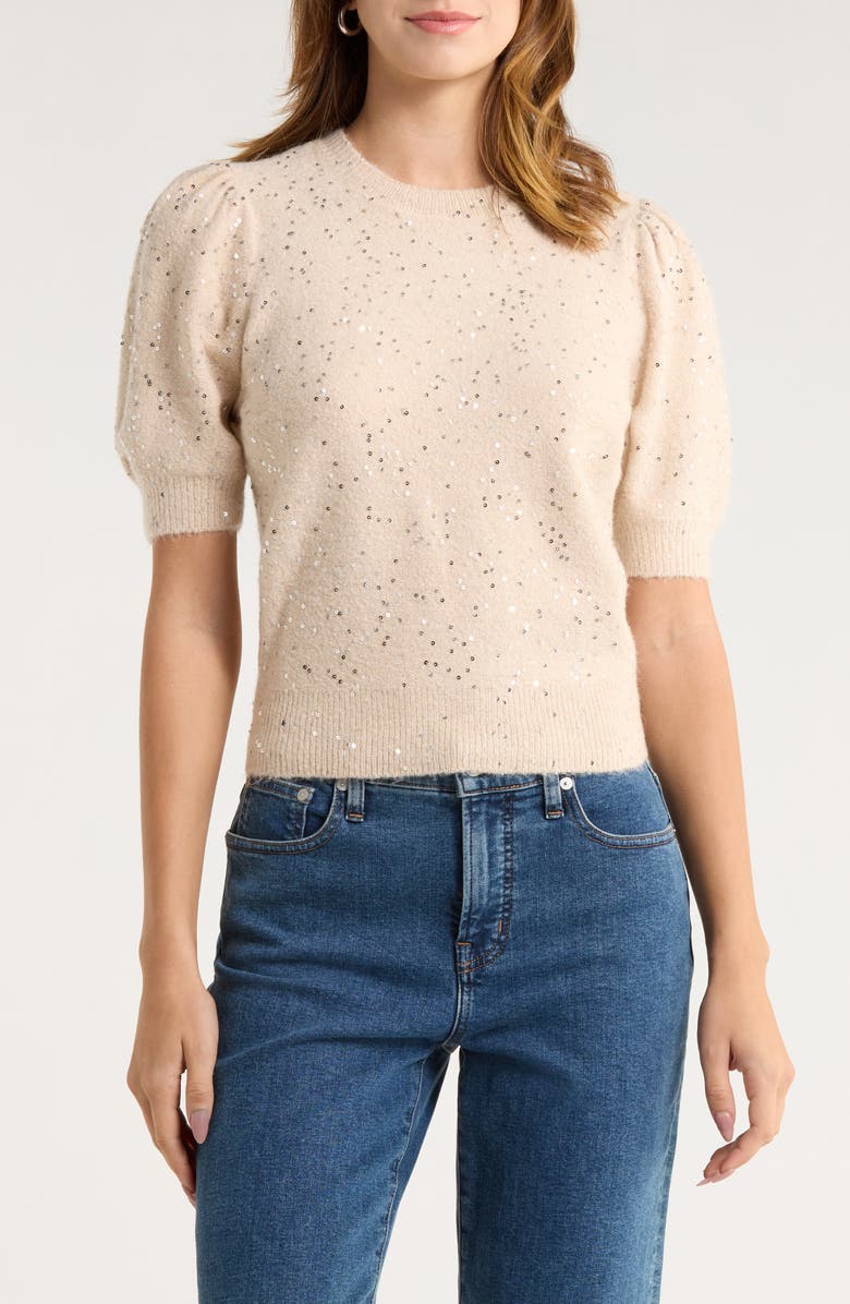 PAIGE Gladiolus Sequin Embellished Crewneck Sweater, Main, color, Soft Pink