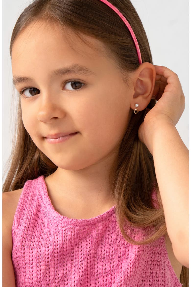 14k Pearl Heart Dangle Girl Earrings, Alternate, color, White