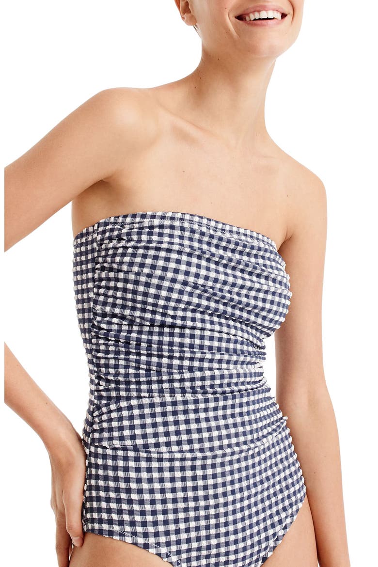Gingham Strapless One-Piece Swimsuit, Alternate, color, NAVY IVORY
