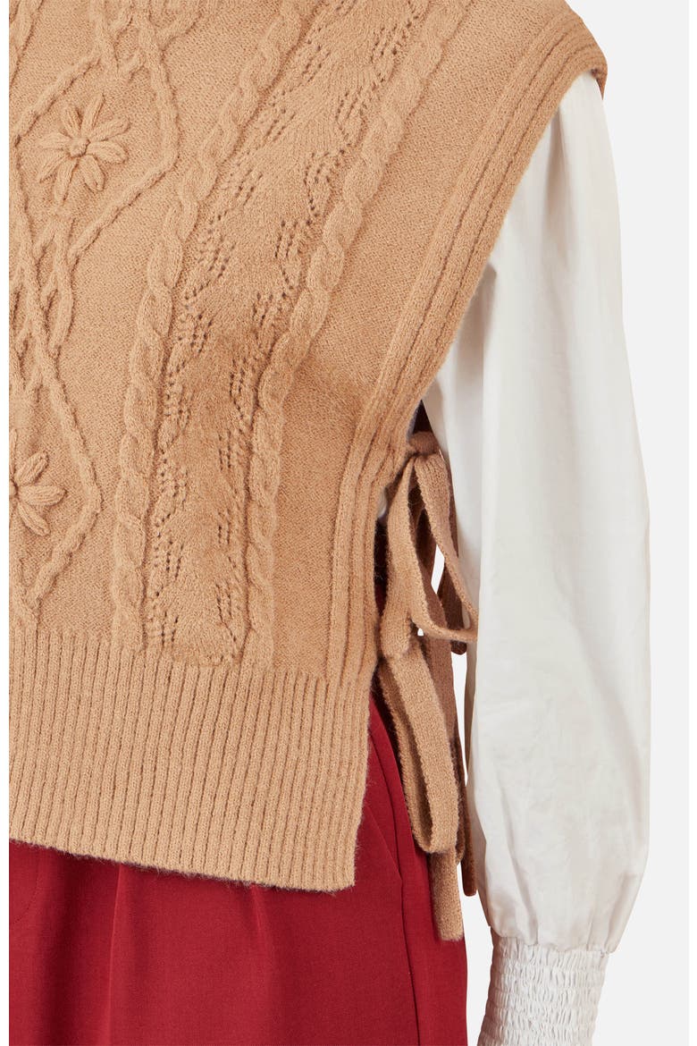 Floral Cable Knit Side Tie Pullover, Alternate, color, Camel