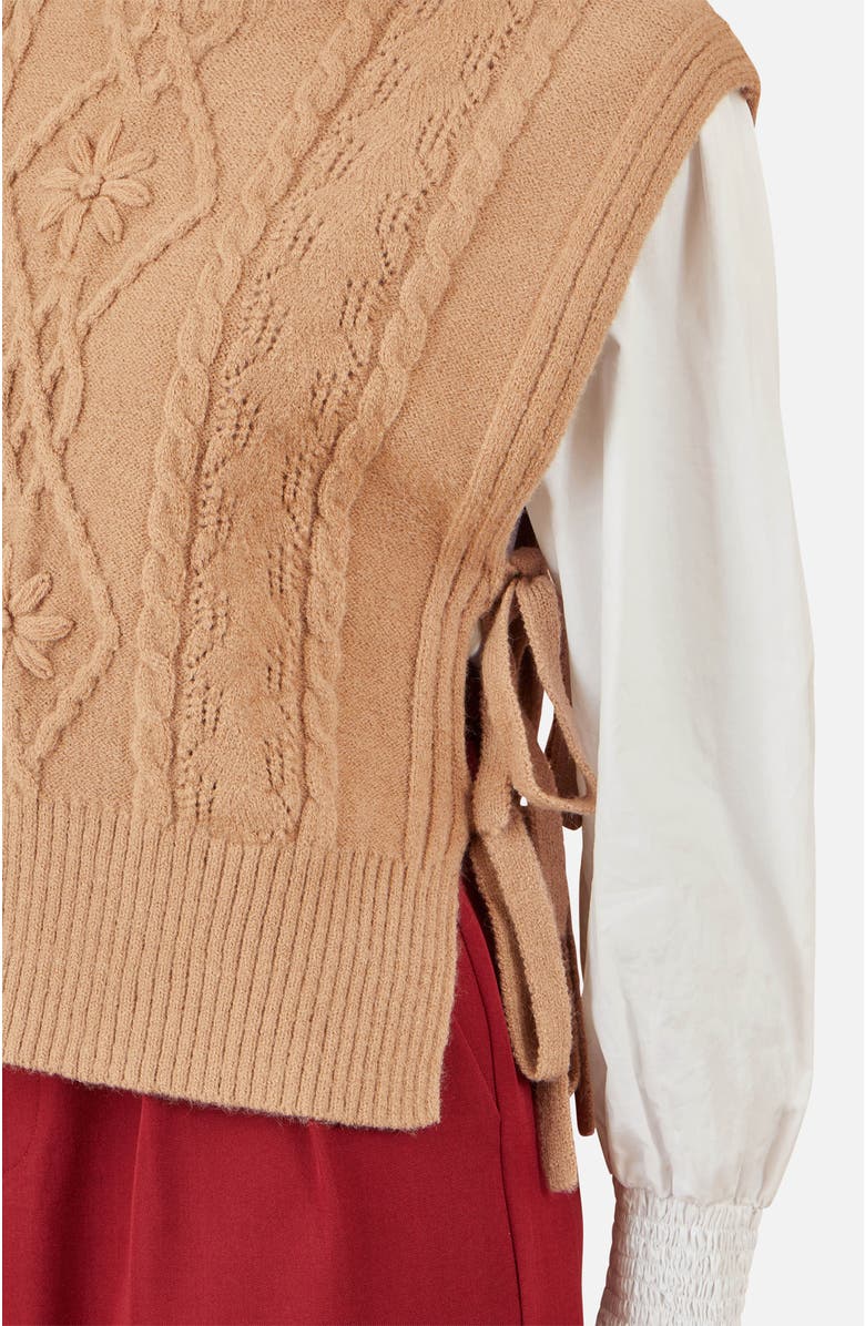 Yumi Floral Cable Knit Side Tie Pullover, Alternate, color, Camel