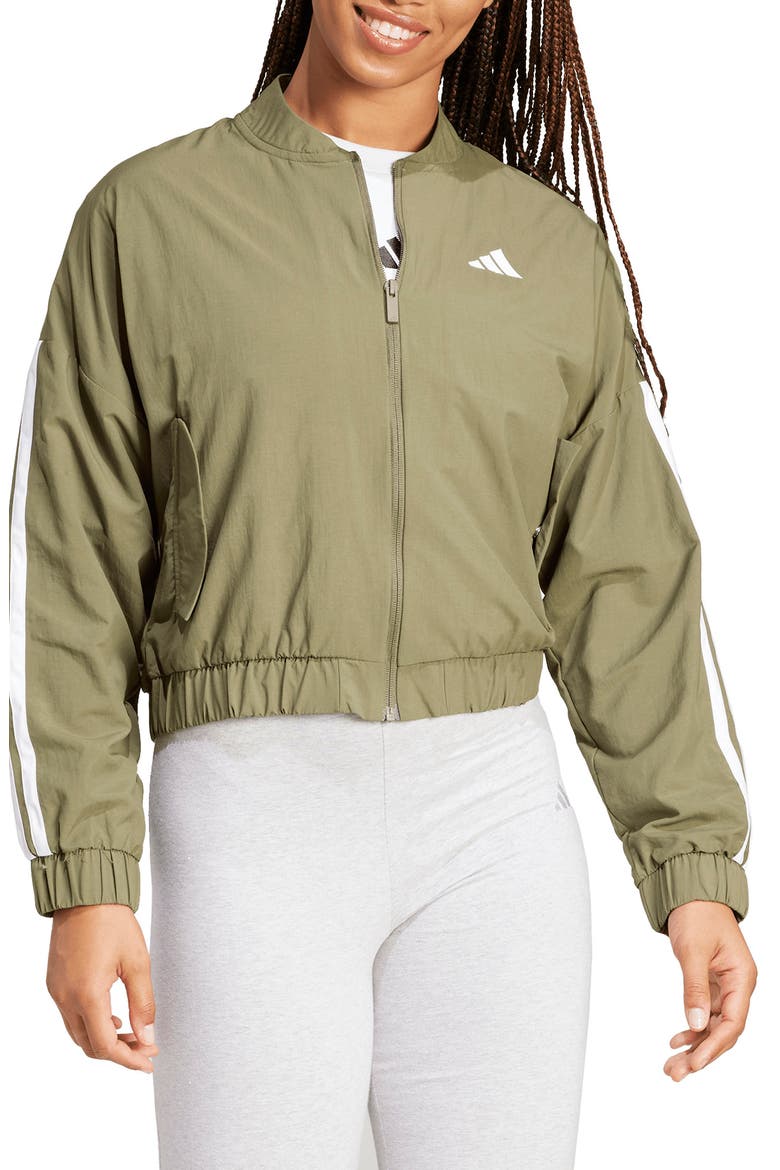 3-Stripes Woven Bomber Jacket, Main, color, OLIVE STRATA/ WHITE