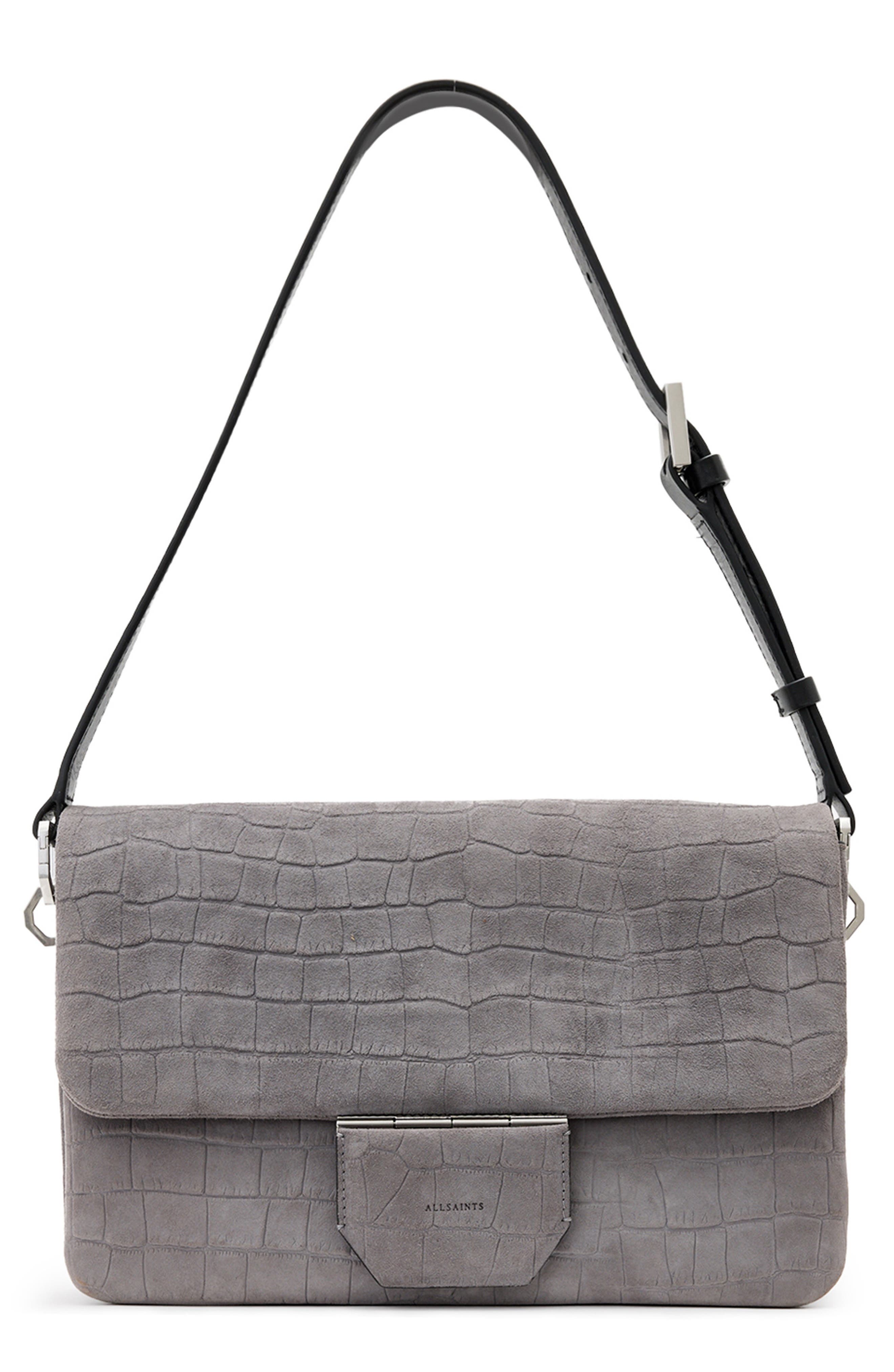 AllSaints Ondine Croc Embossed Suede Shoulder Bag, Main, color, Slate Blue