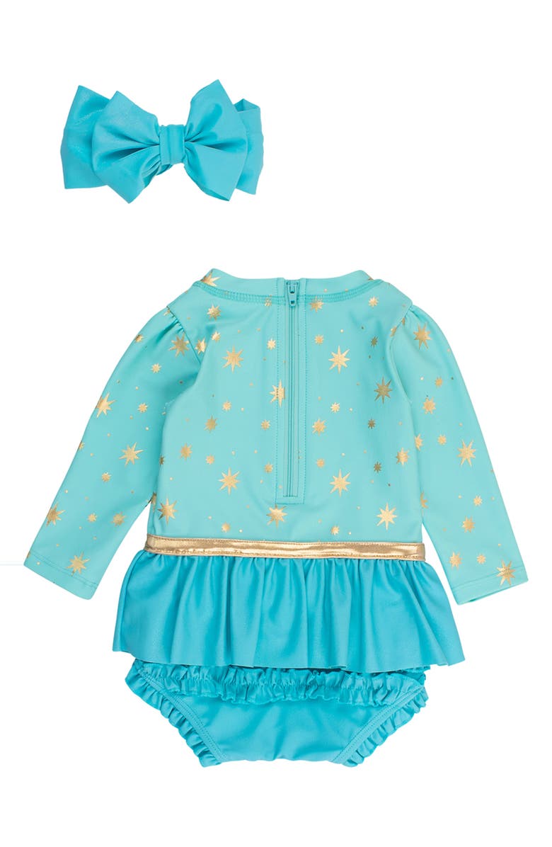 RuffleButts Golden Princess One-Piece Rashguard Swimsuit & Bow Head Wrap Set, Alternate, color, Blue