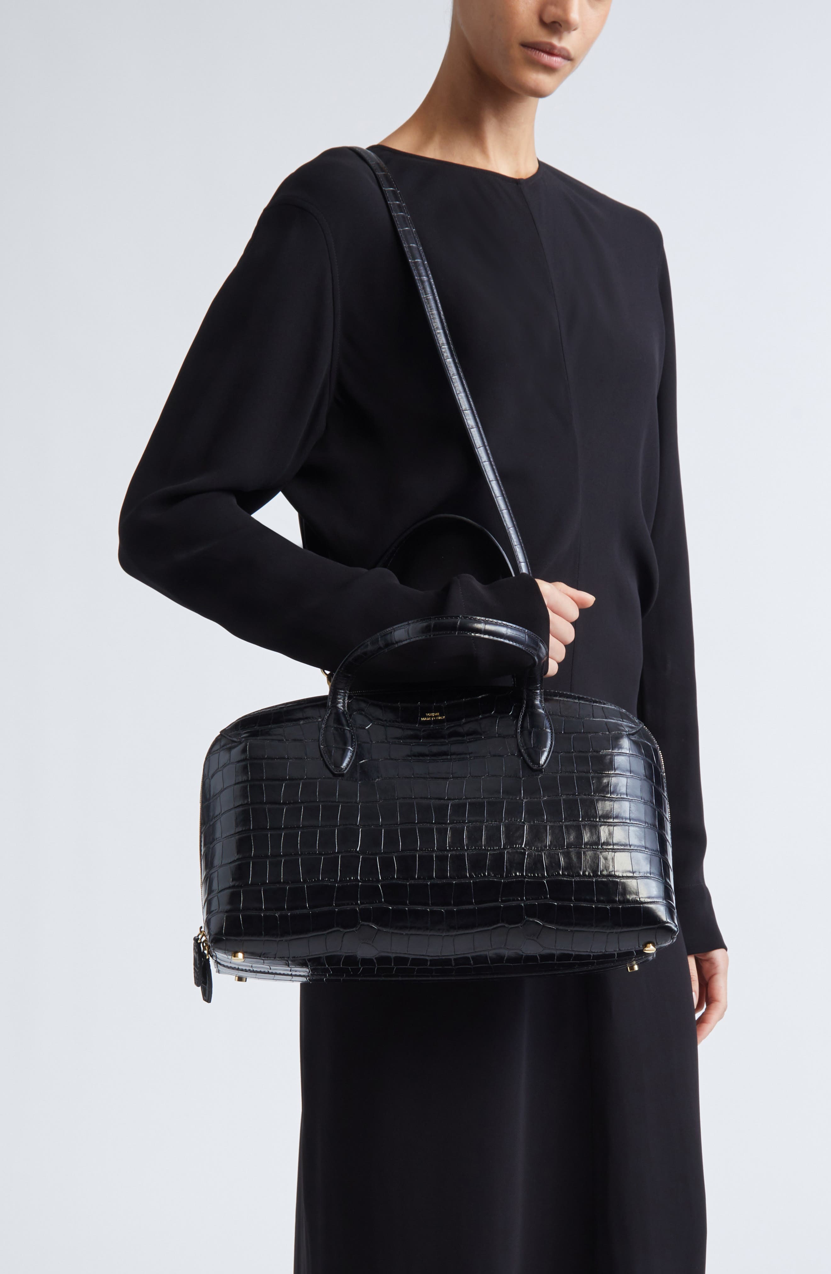 TOTEME Medium Lounge Croc Embossed Leather Tote, Alternate, color, Black
