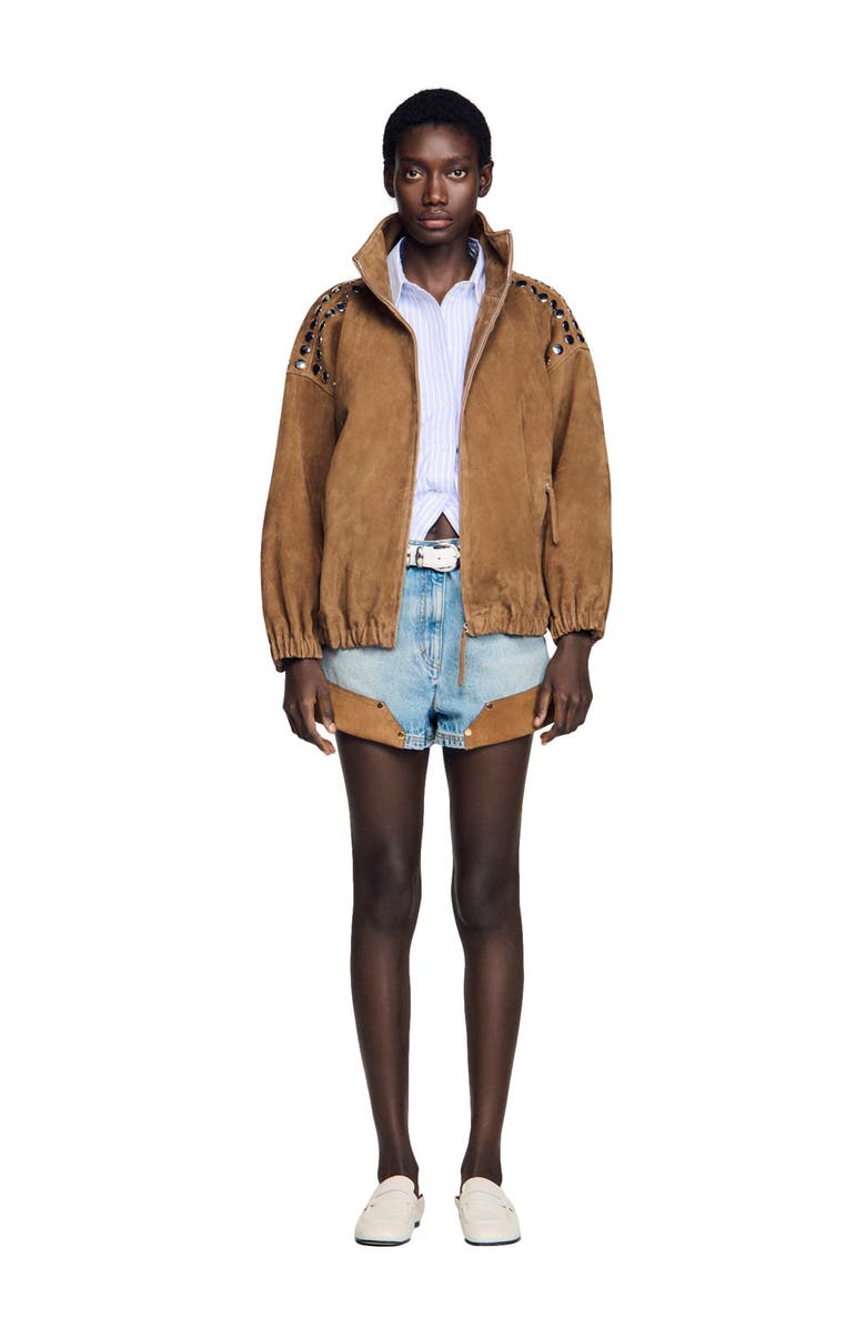 SANDRO Studded suede jacket, Main, color, Camel