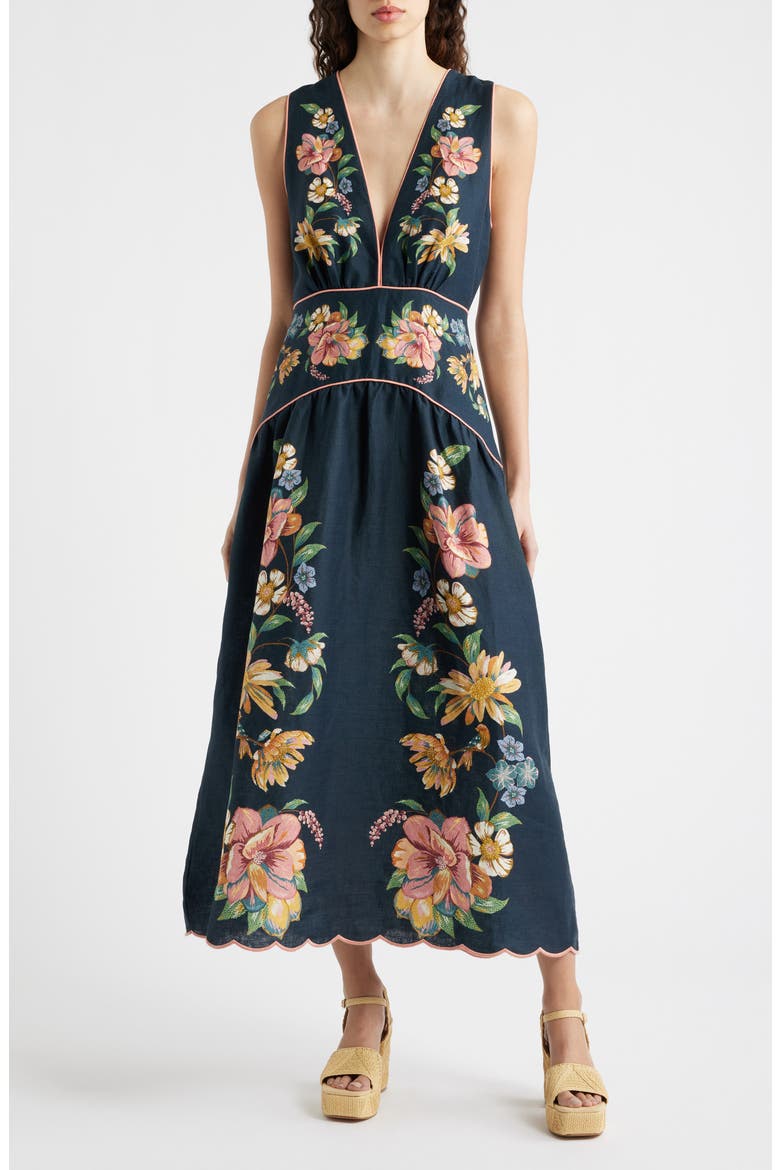 Maria Floral Jacquard Linen Dress, Main, color, MAIRA FLORAL DARK BLUE