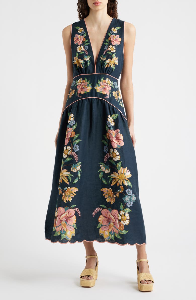 FARM Rio Maria Floral Jacquard Linen Dress, Main, color, Maira Floral Dark Blue