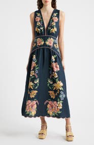 FARM Rio Maria Floral Jacquard Linen Dress