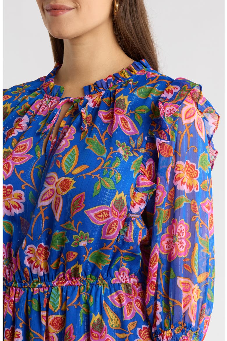 Wendey Floral Print Metallic Long Sleeve Dress, Alternate, color, BLUE-MULT