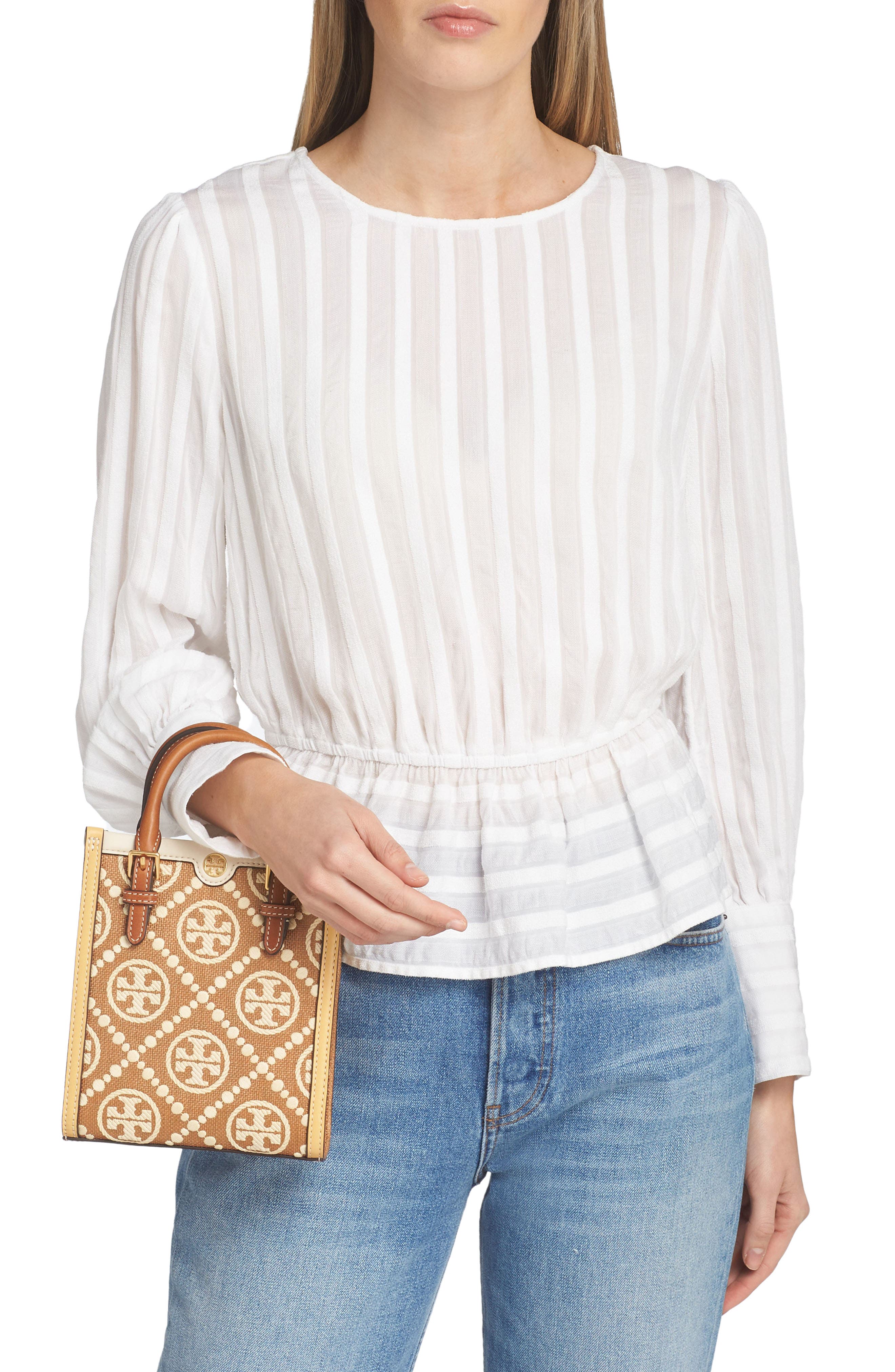 Tory Burch Mini T Monogram Embroidered Raffia Tote, Alternate, color, 