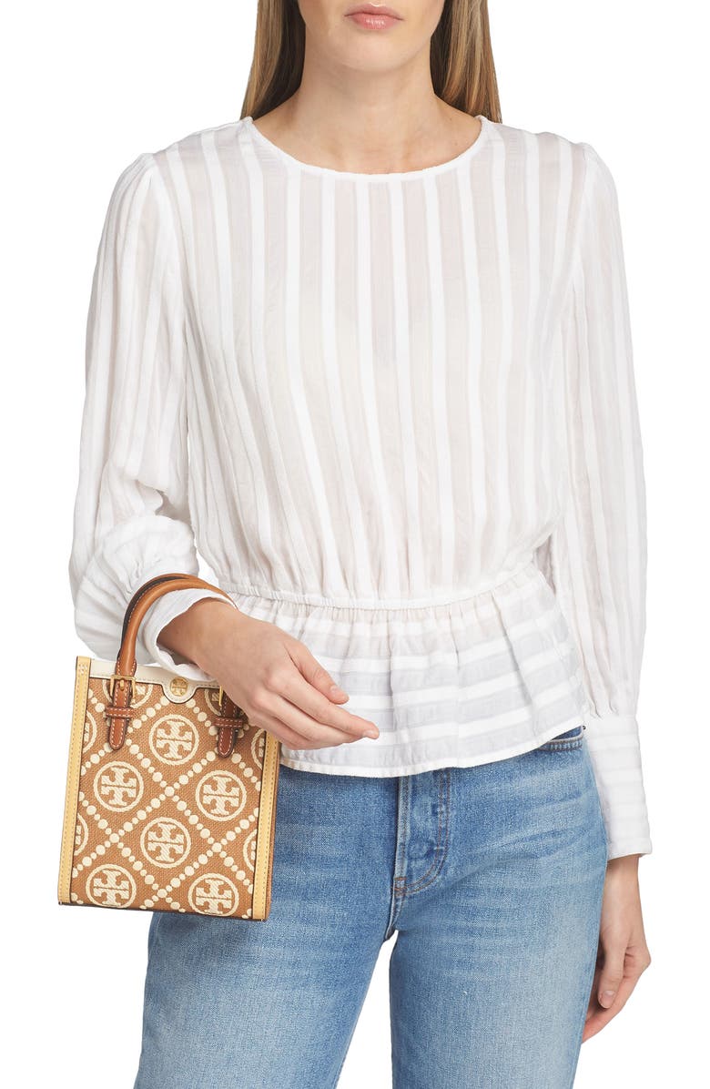 Tory Burch Mini T Monogram Embroidered Raffia Tote, Alternate, color,