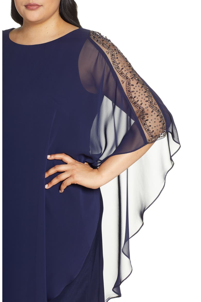 Xscape Chiffon Overlay Beaded Sleeve Cocktail Dress, Alternate, color, NAVY