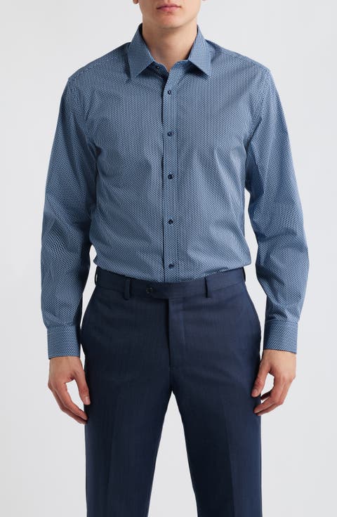 Paris Modern Fit Blue Geometric Print Cotton Dress Shirt (Regular & Big)