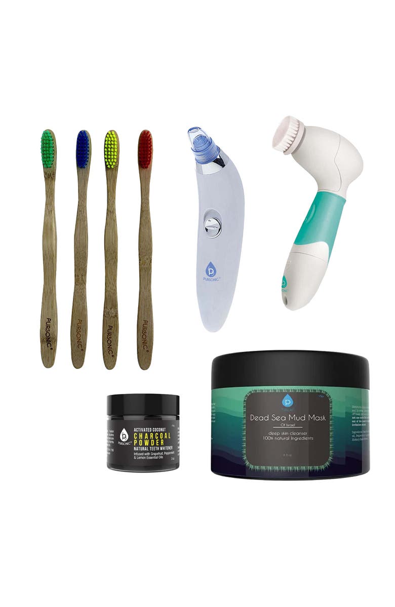PURSONIC Daily Detox Set - Pore Vacuum, Ecological Toothbrushes, Charcoal Powder, Facial & Body Brush, and Dead Sea Mud Mask, Main, color, Multicolor