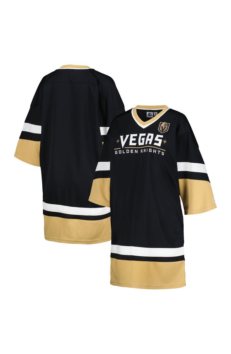 STARTER Women's Starter Black Vegas Golden Knights Hurry-Up Offense Boxy V-Neck Half-Sleeve Sneaker Dress, Main, color,