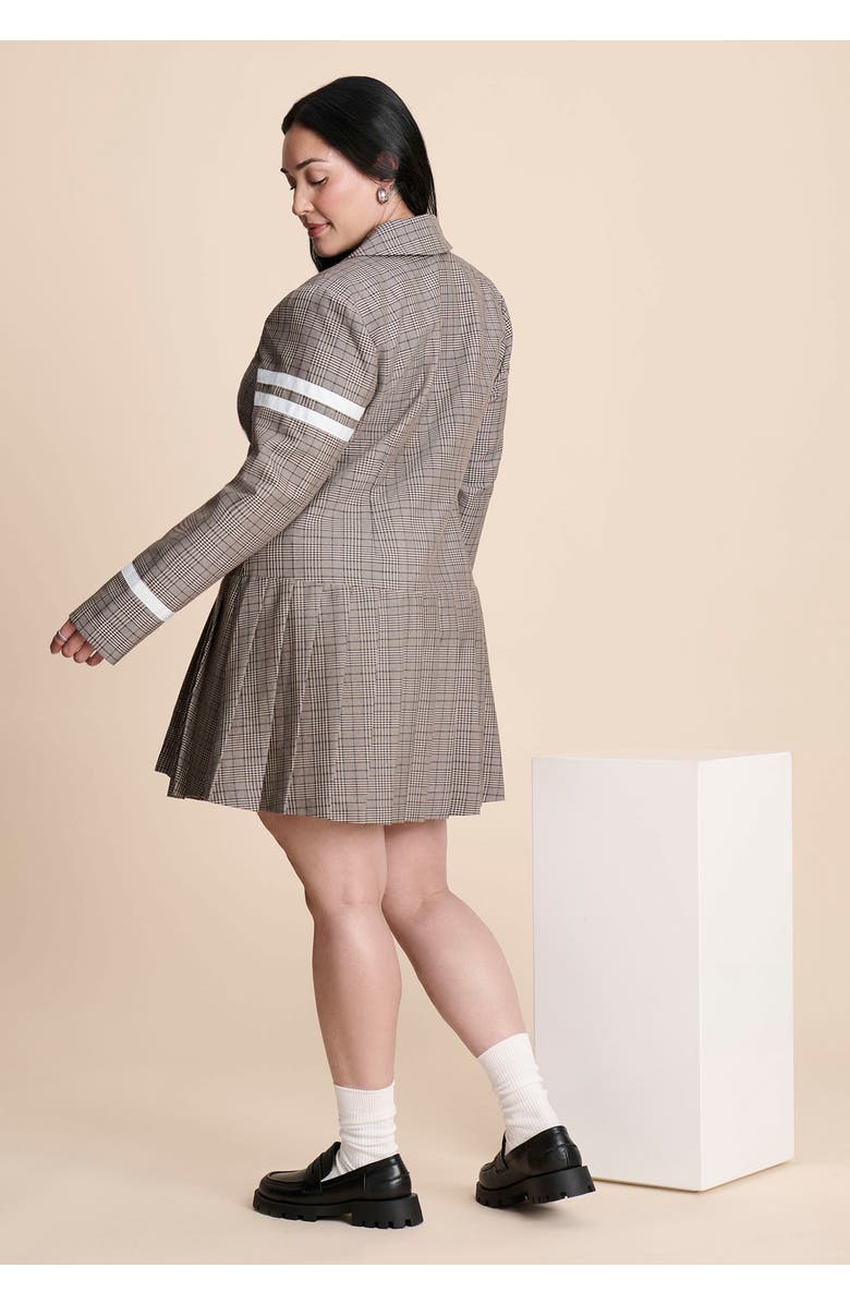 ELOQUII Pleated Plaid Mini Dress, Alternate, color, Brown Plaid