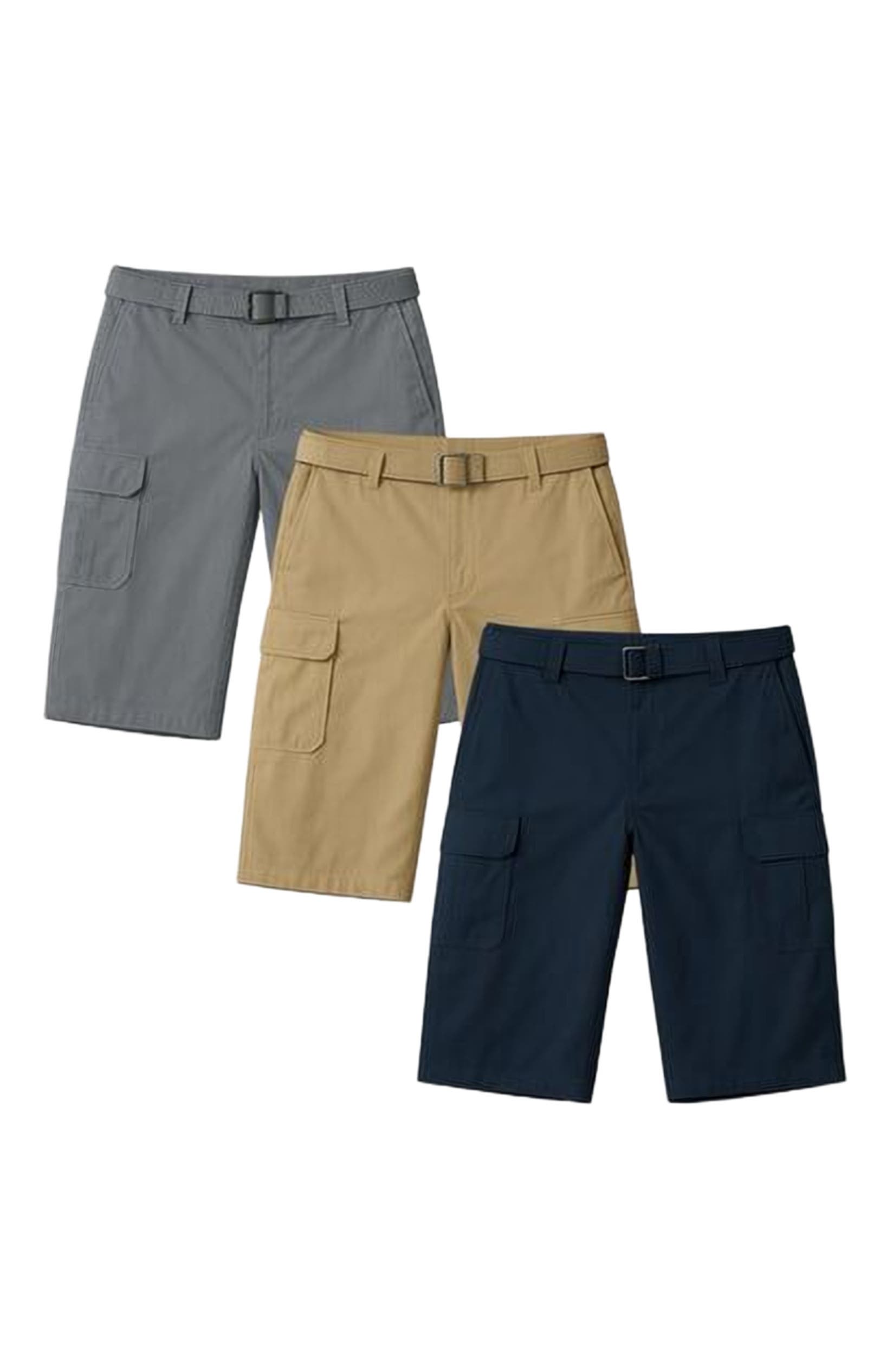 BenBen Mens 3 Pack Cargo Belted Shorts in Grey/navy/khaki 