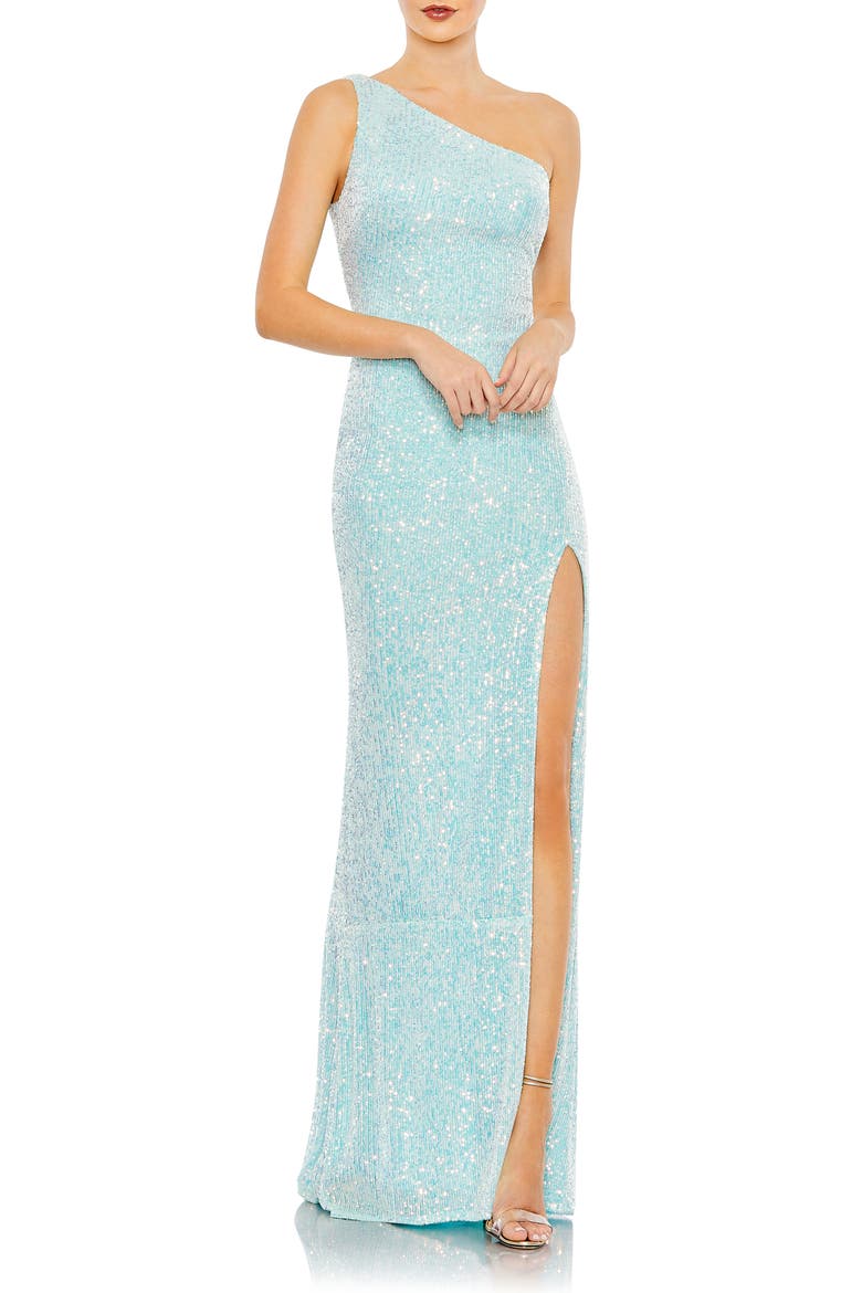 Sequined One Shoulder Draped Back Gown, Main, color, ICE BLUE
