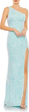 Ieena for Mac Duggal Sequined One Shoulder Draped Back Gown