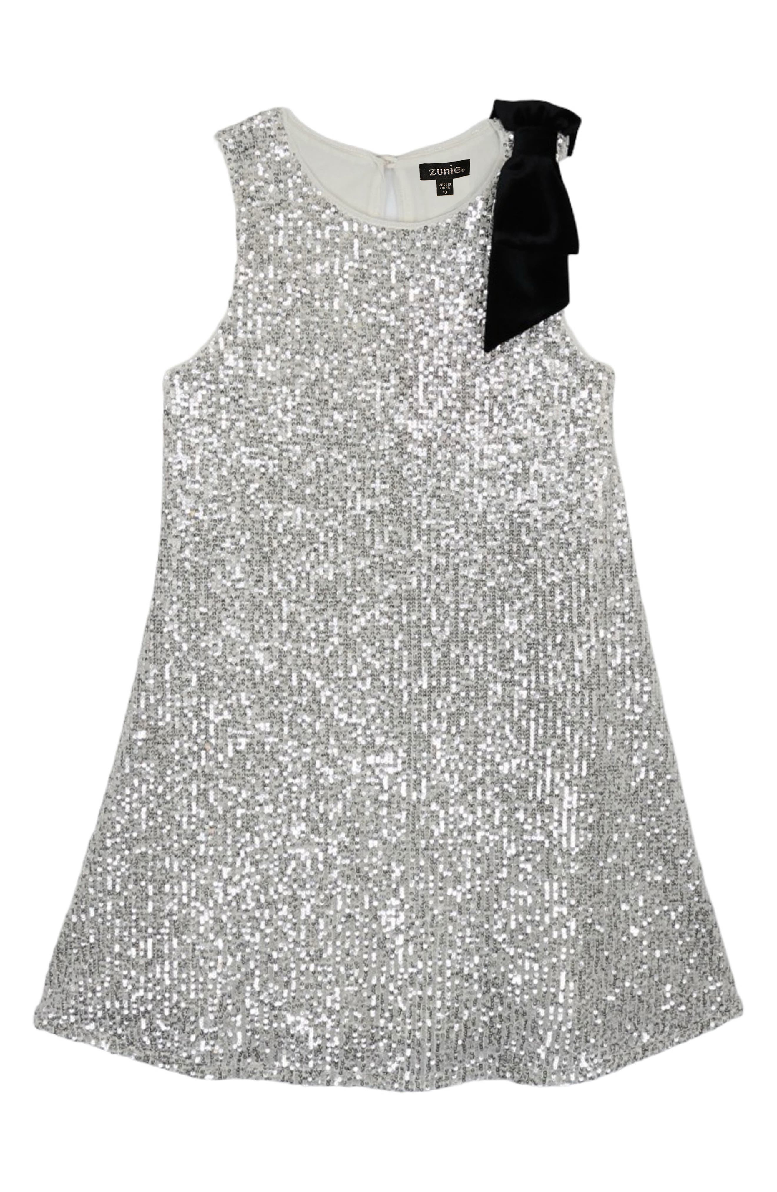 Kid's Bow Shoulder Sequin Trapeze Dress
