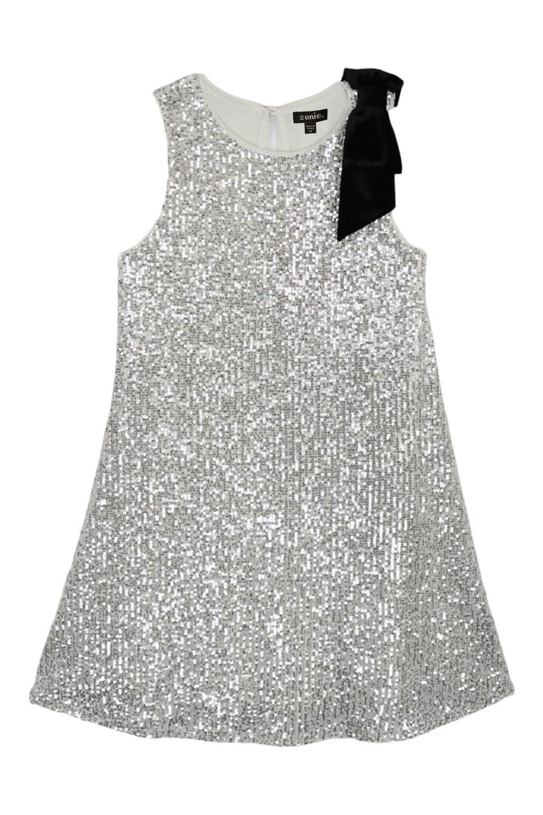 Kid's Bow Shoulder Sequin Trapeze Dress, Main, color, SILVR/IVRY