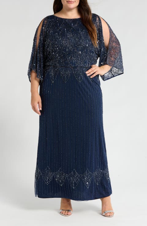 Beaded Cold Shoulder Blouson Gown (Plus)