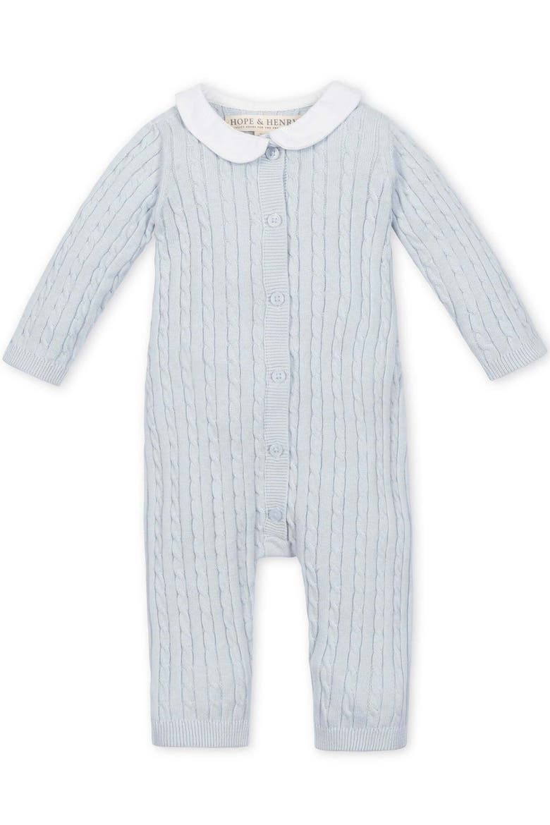 Baby Organic Cable-knit Peter Pan Collar Romper Gift Set, Alternate, color, Pale Blue