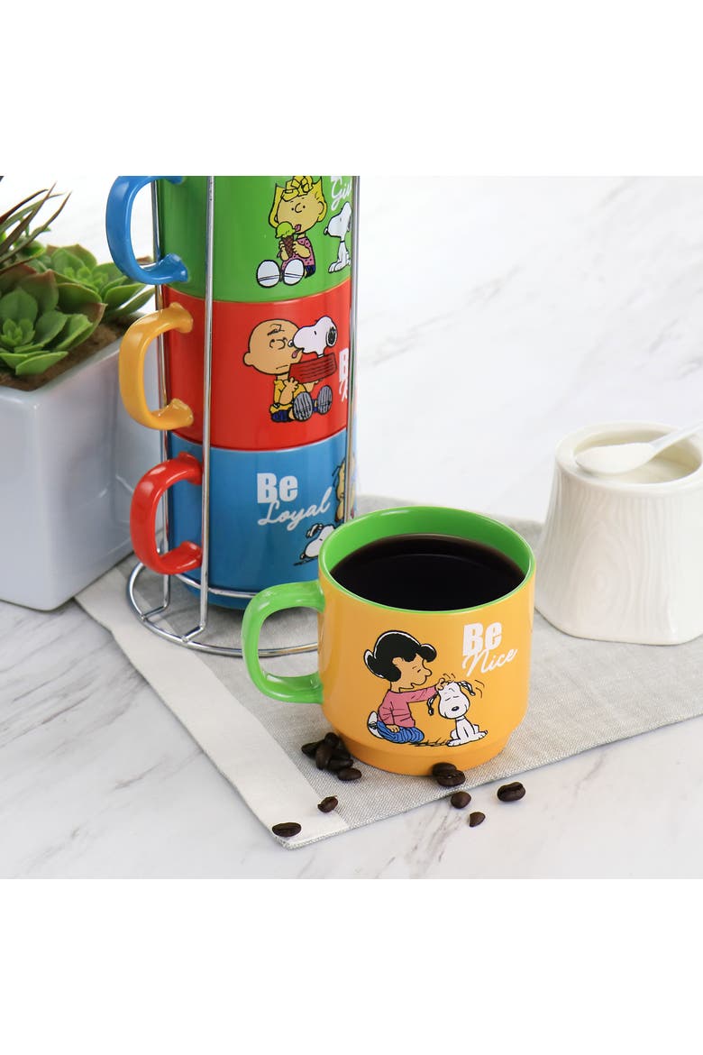 4 Piece Stoneware Stackable Mug Set with Metal Stand, Alternate, color, Blue