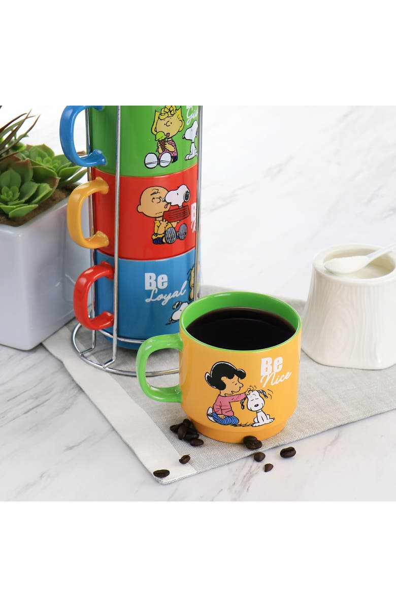 Gibson Classic Gentle Reminders Collection 4 Piece Stoneware Stackable Mug Set with Metal Stand, Alternate, color, Blue